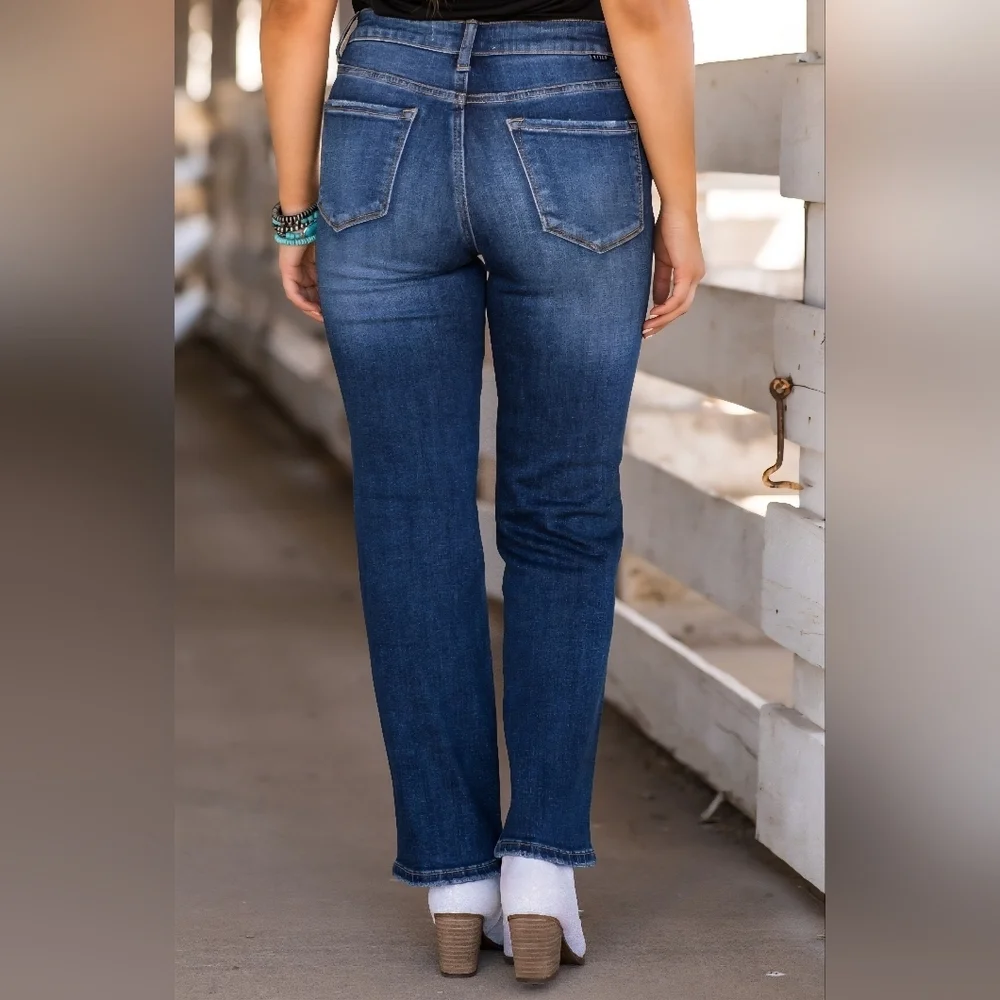 Risen High Rise Dark Wash Rhinestone Embellished Seam Straight Ankle Jeans 7/28 - Picture 9 of 13